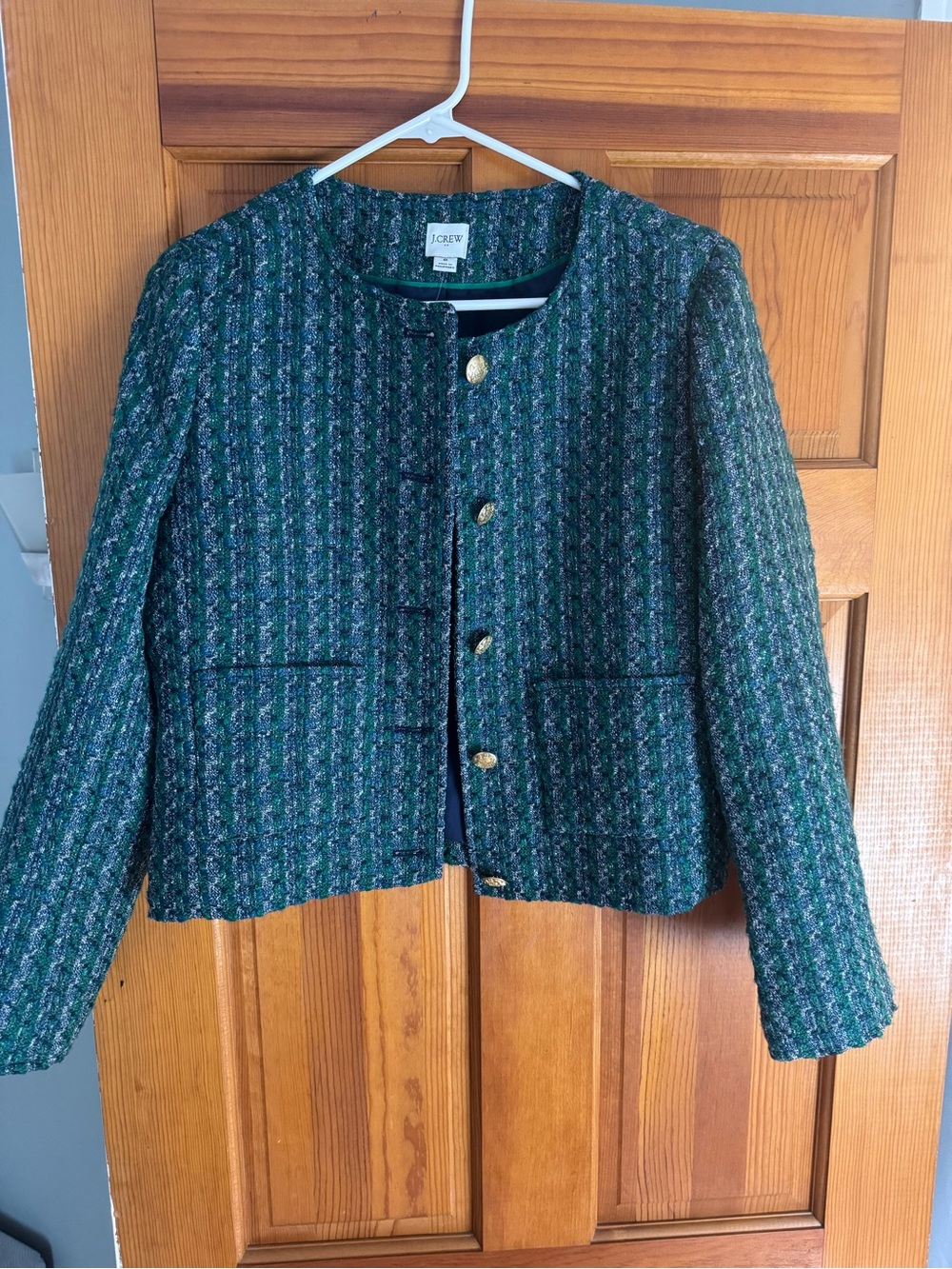J. Crew Green Tweed Gold-Button Cropped Jacket
